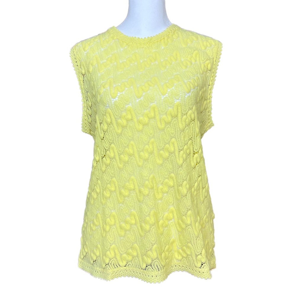 Vintage 60s Pastel Yellow Crochet Sheer Tank Top Size Medium